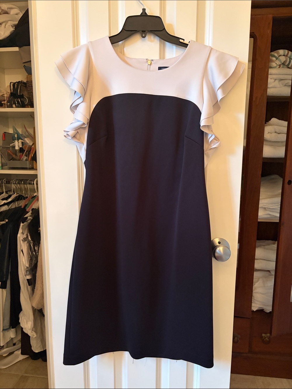 Tommy Hilfiger Navy and Light Gray Ruffle Sleeve Midi Dress